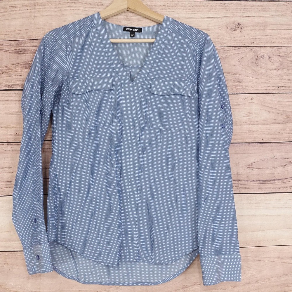 Express‎ Blouse Womens XS Blue Polka Dot V-Neck Roll Tab Sleeve Top Lightweight